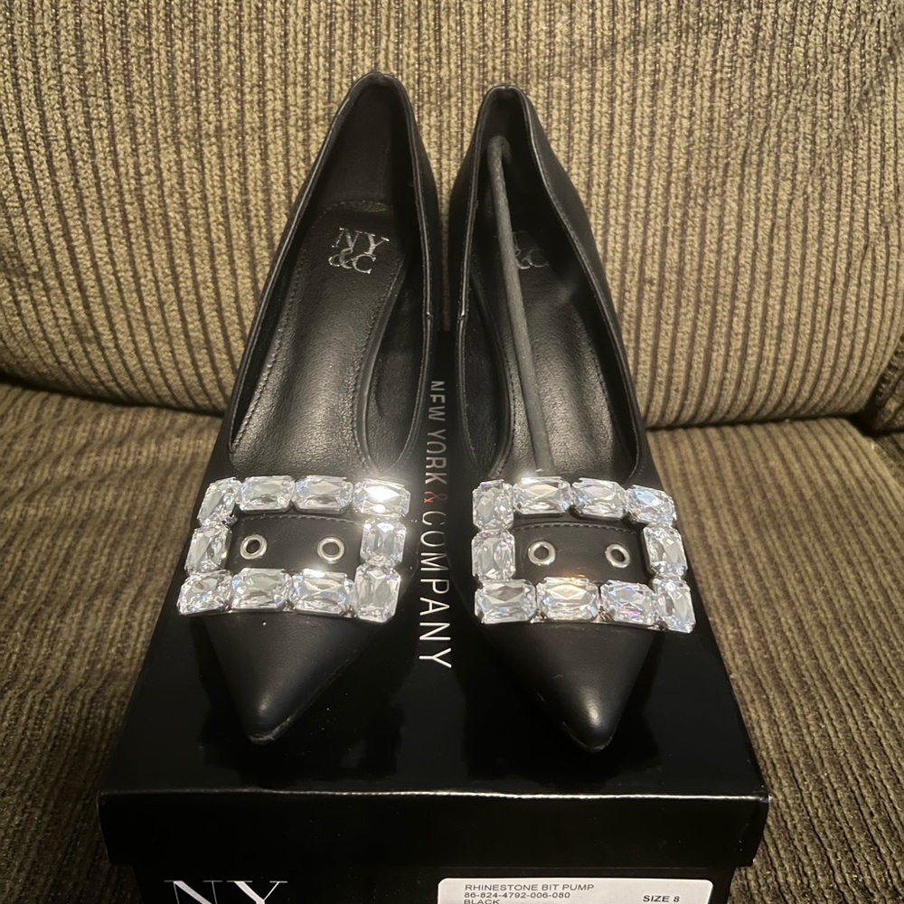 New York & Company Black Heels with Rhinestone Buckle